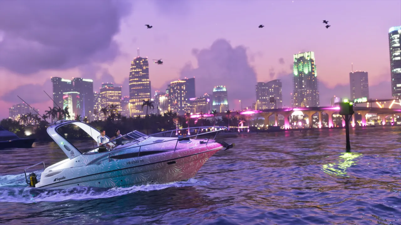 A speedboat racing across the bay towards the Vice City skyline at night
