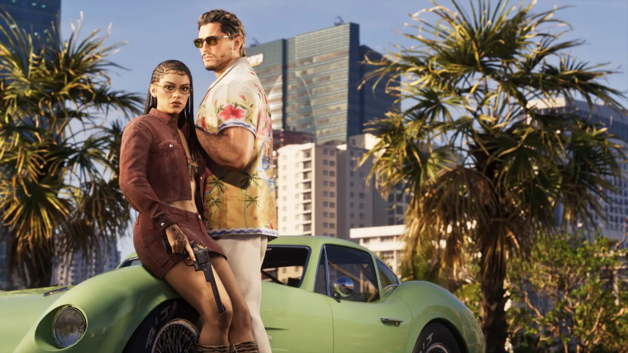 Jason and Lucia leaning on a green car with the Vice City skyline behind them