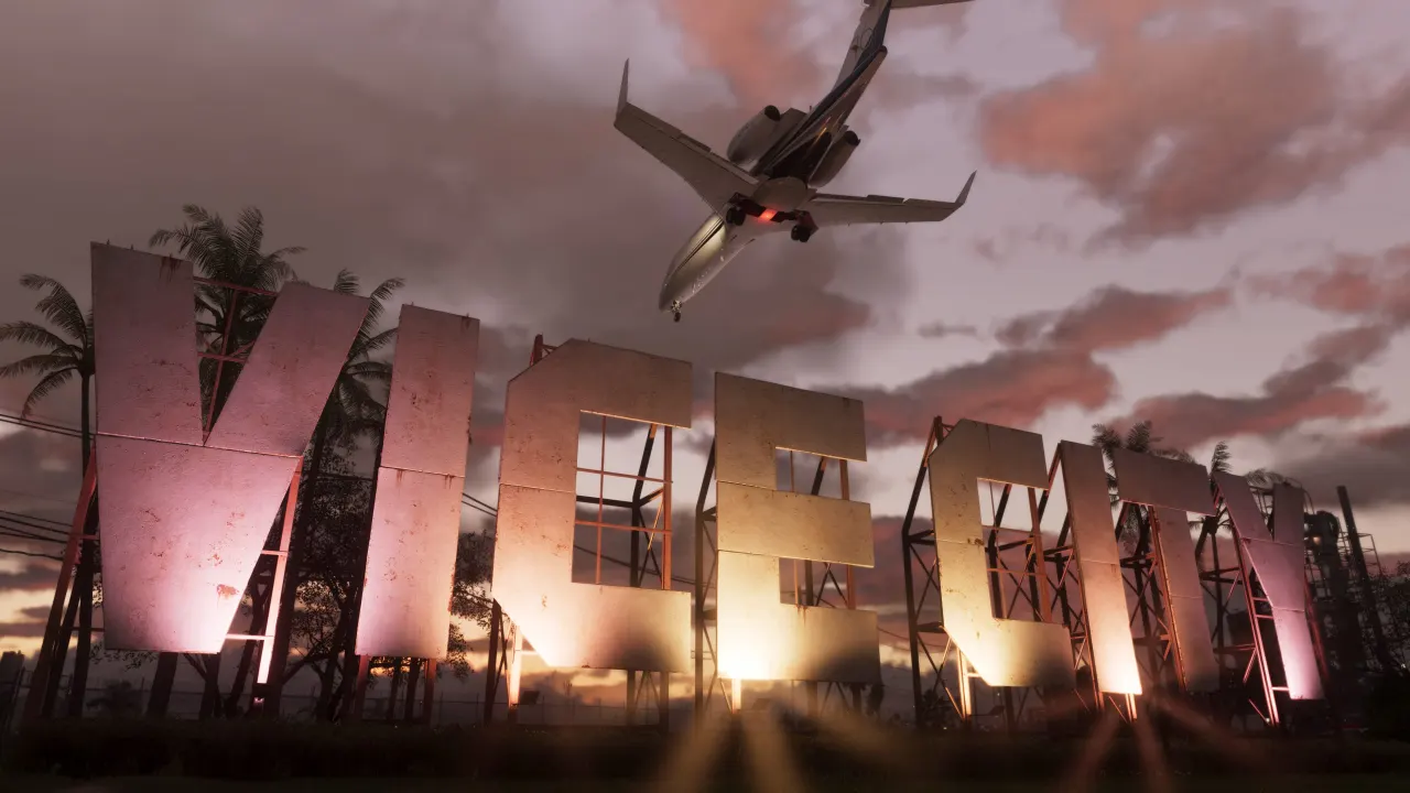 A police helicopter flying past giant lit-up letters spelling Vice City at dusk